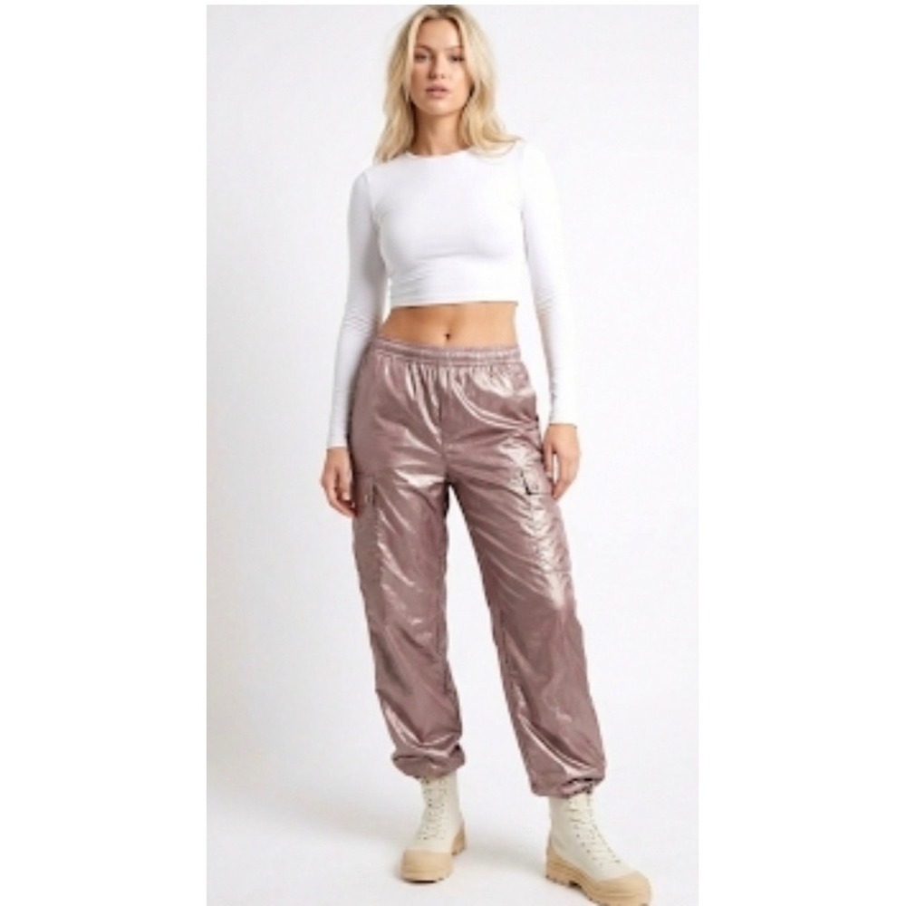 Mayblanc Pink Metallic Cargo Joggers Women's Size XL Festival Shiny Fairy Y2K